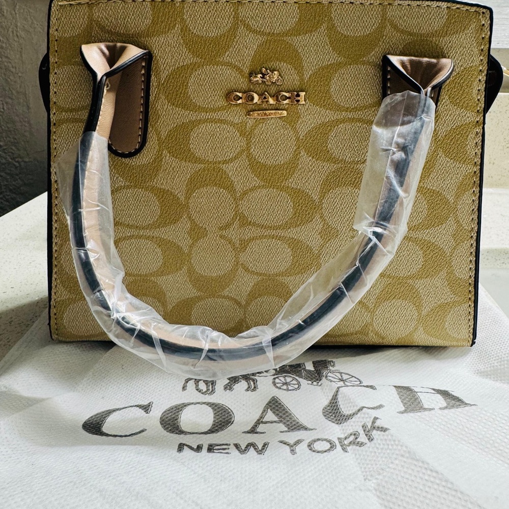 Coach Khaki Signature Canvas Satchel with Gold Hardware